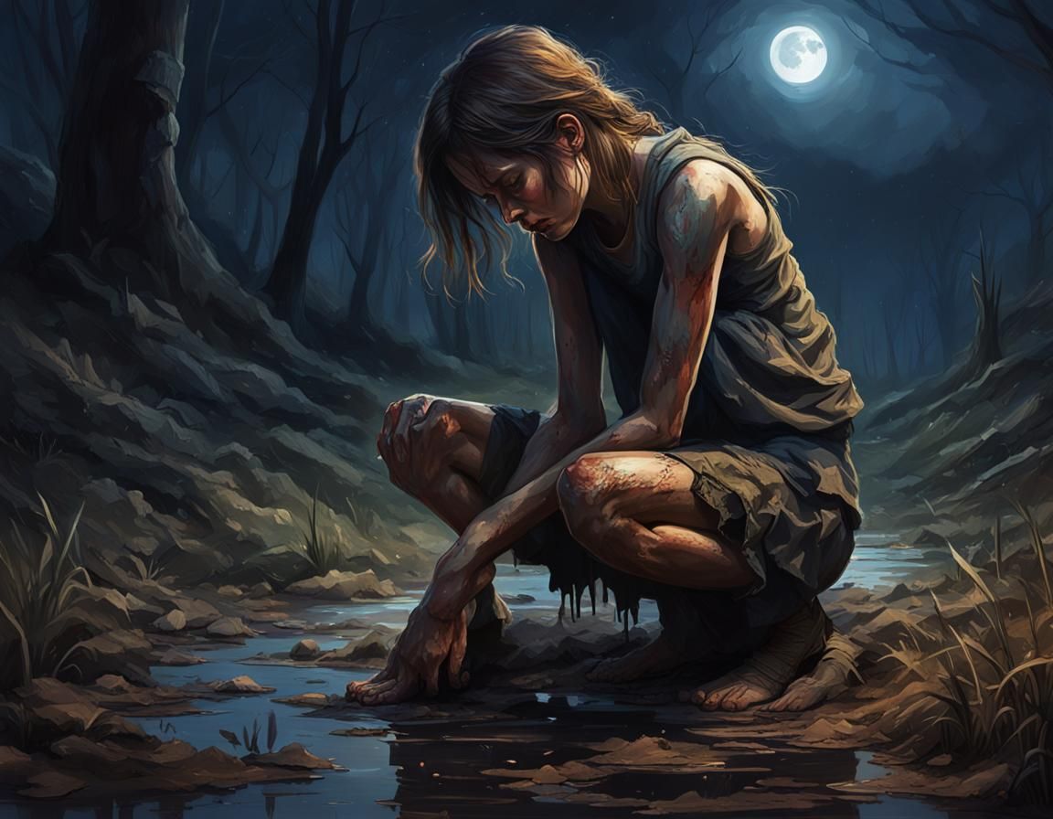 Desperate Girl Kneeling in Moorland Moonlight