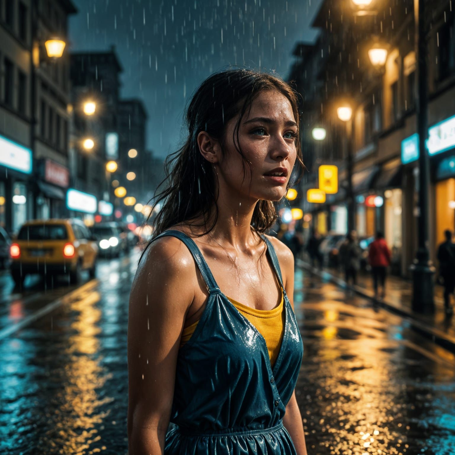Cinematic Rainy Street Scene with a Young Woman