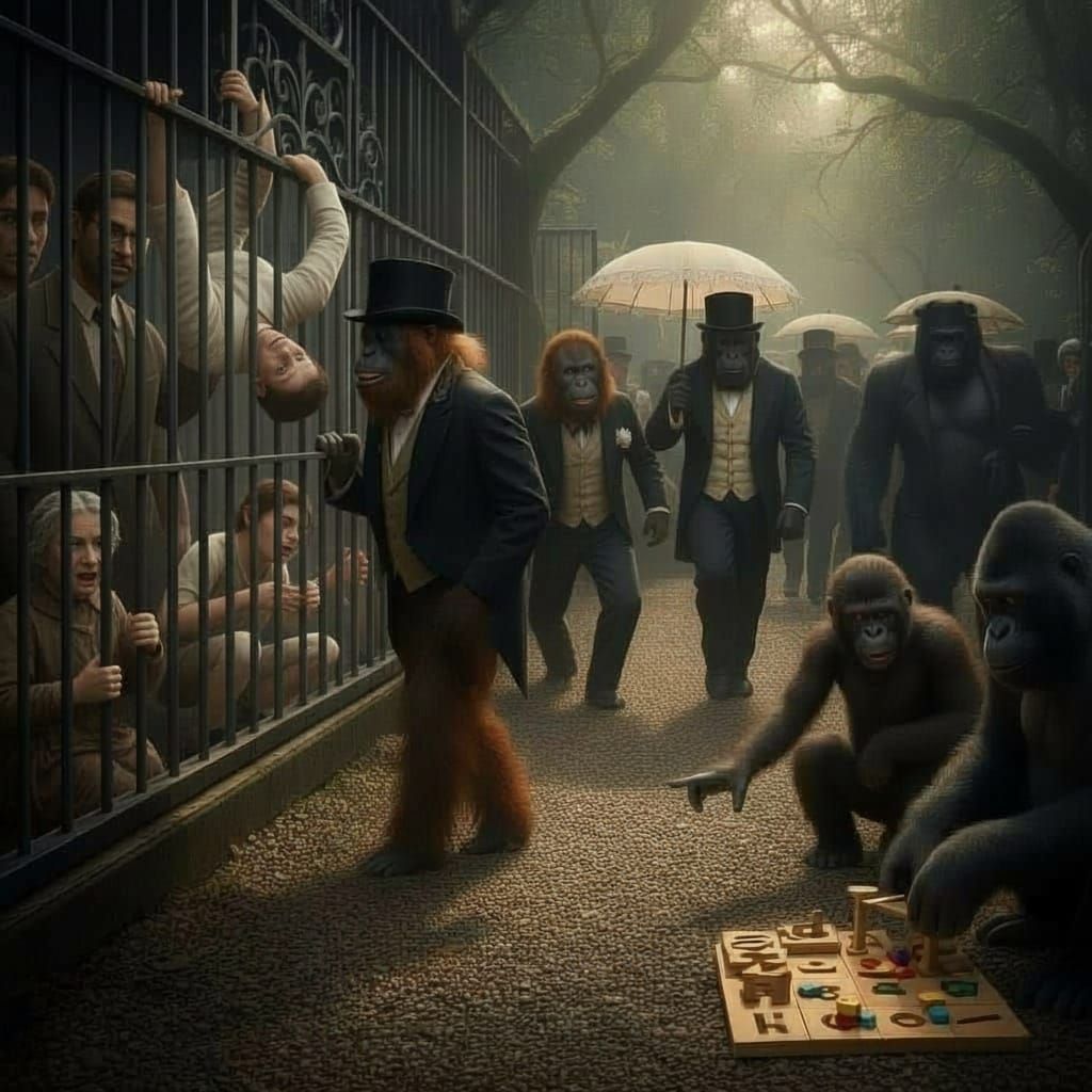 Apes in Victorian Attire Observe Humans in Captivity
