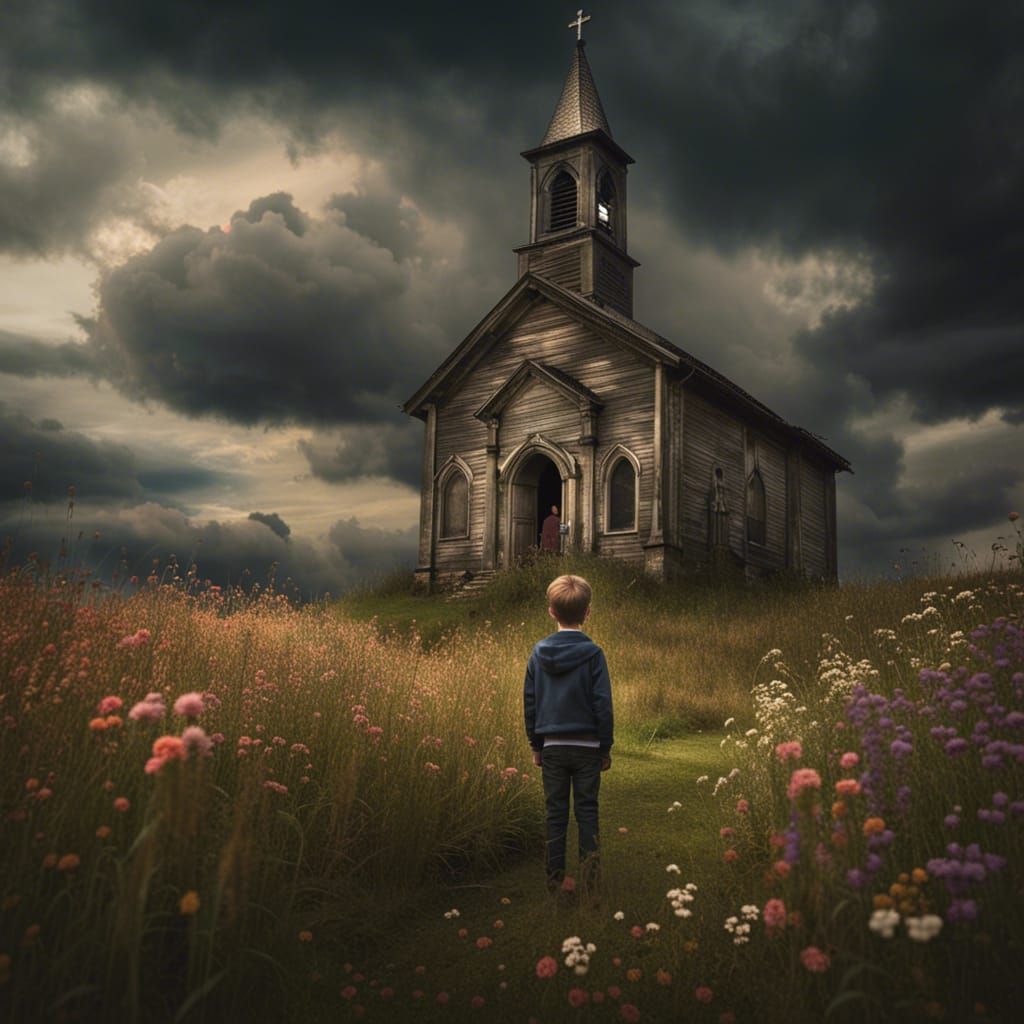 Surreal Boy by Rural Church in Flower Field