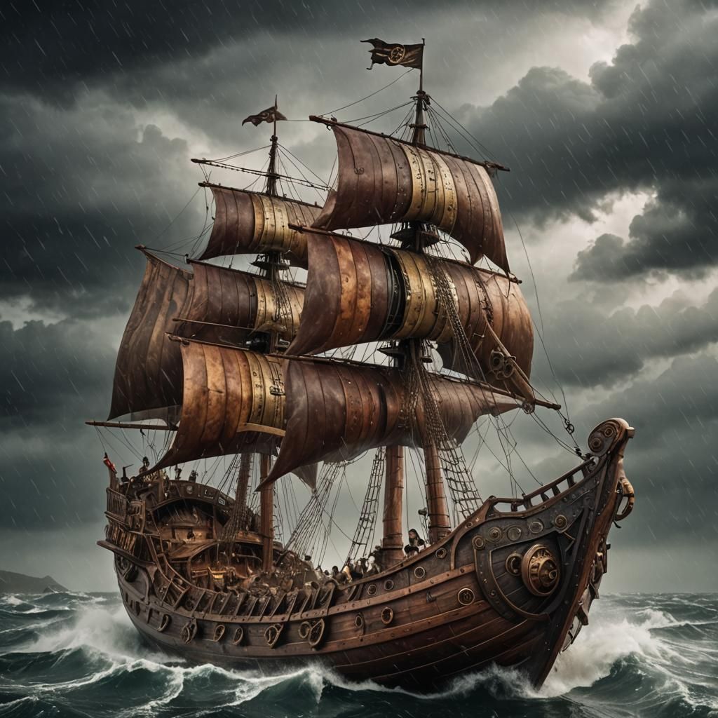 Steampunk Viking Ship Navigating a Storm