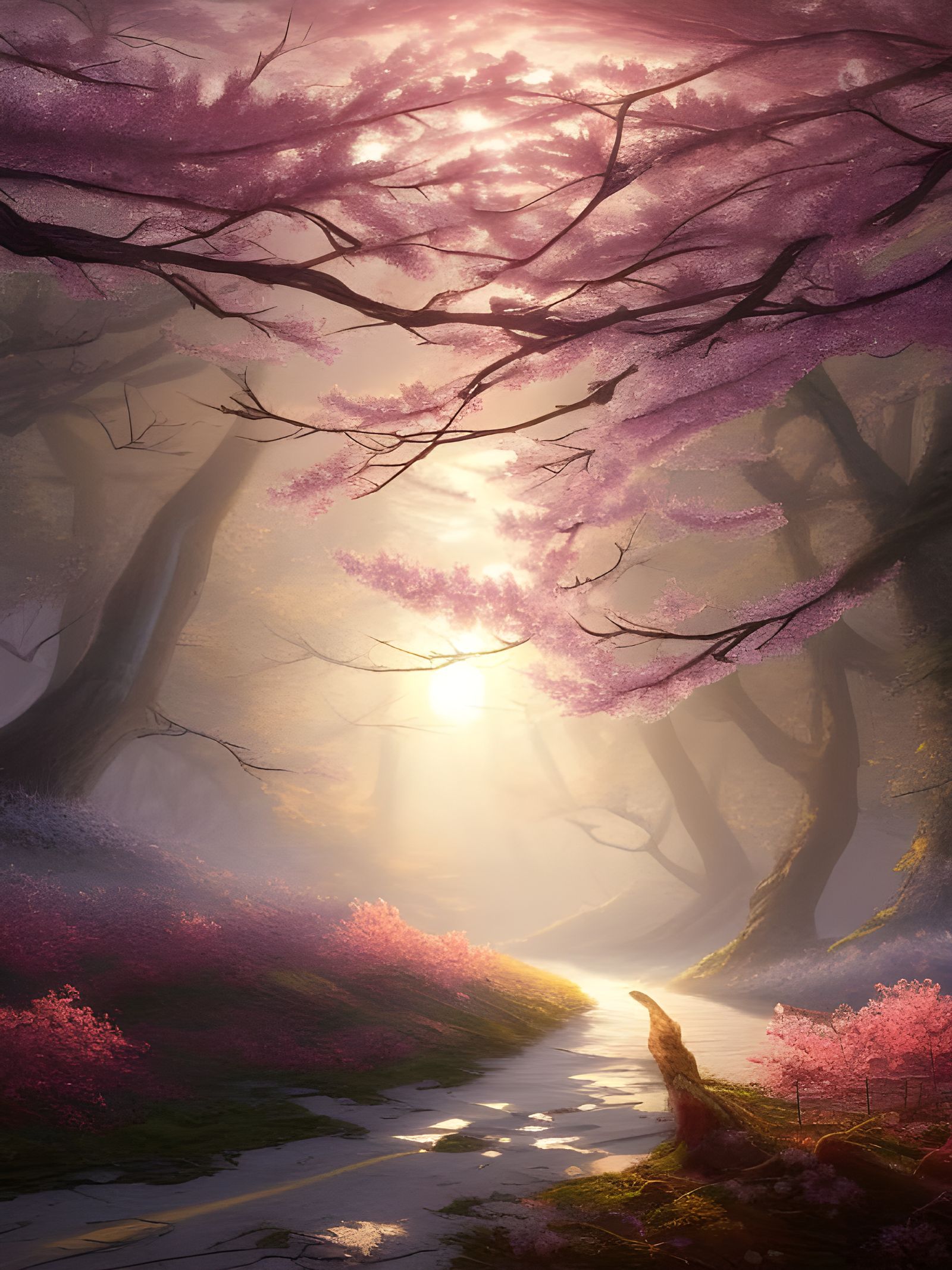 Detailed Cherry Blossom Forest at Sunrise in Digital Art
