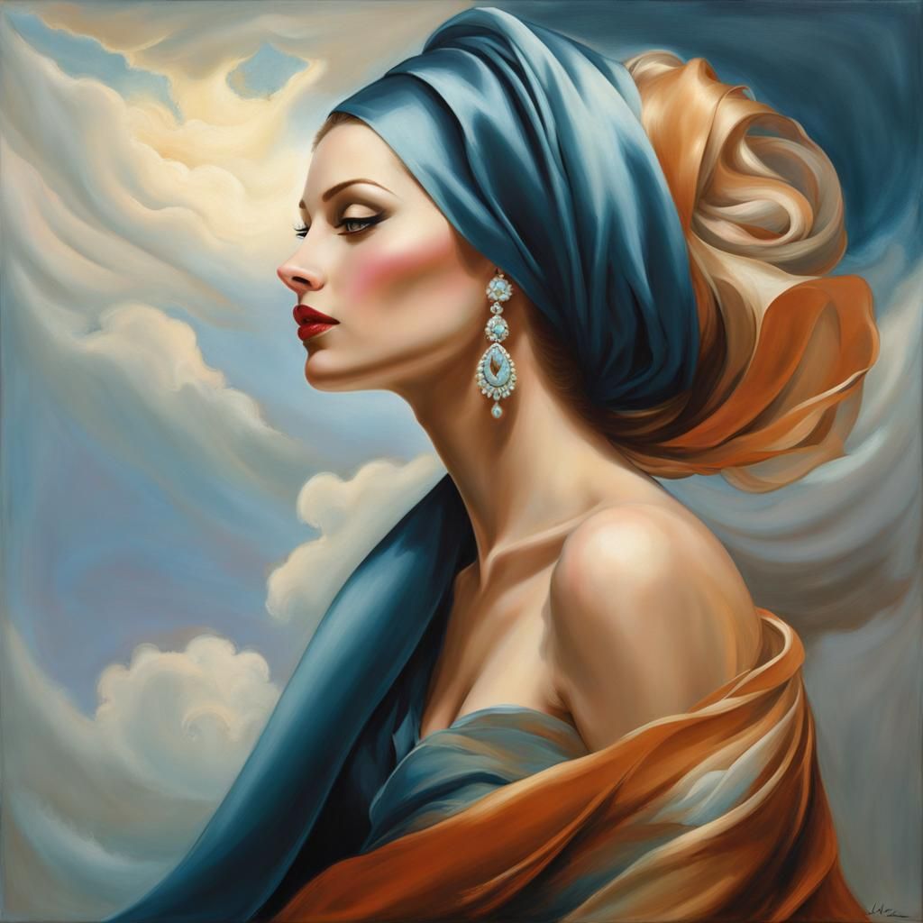 Elegant Lady in Oversized Headscarf, Anime Style