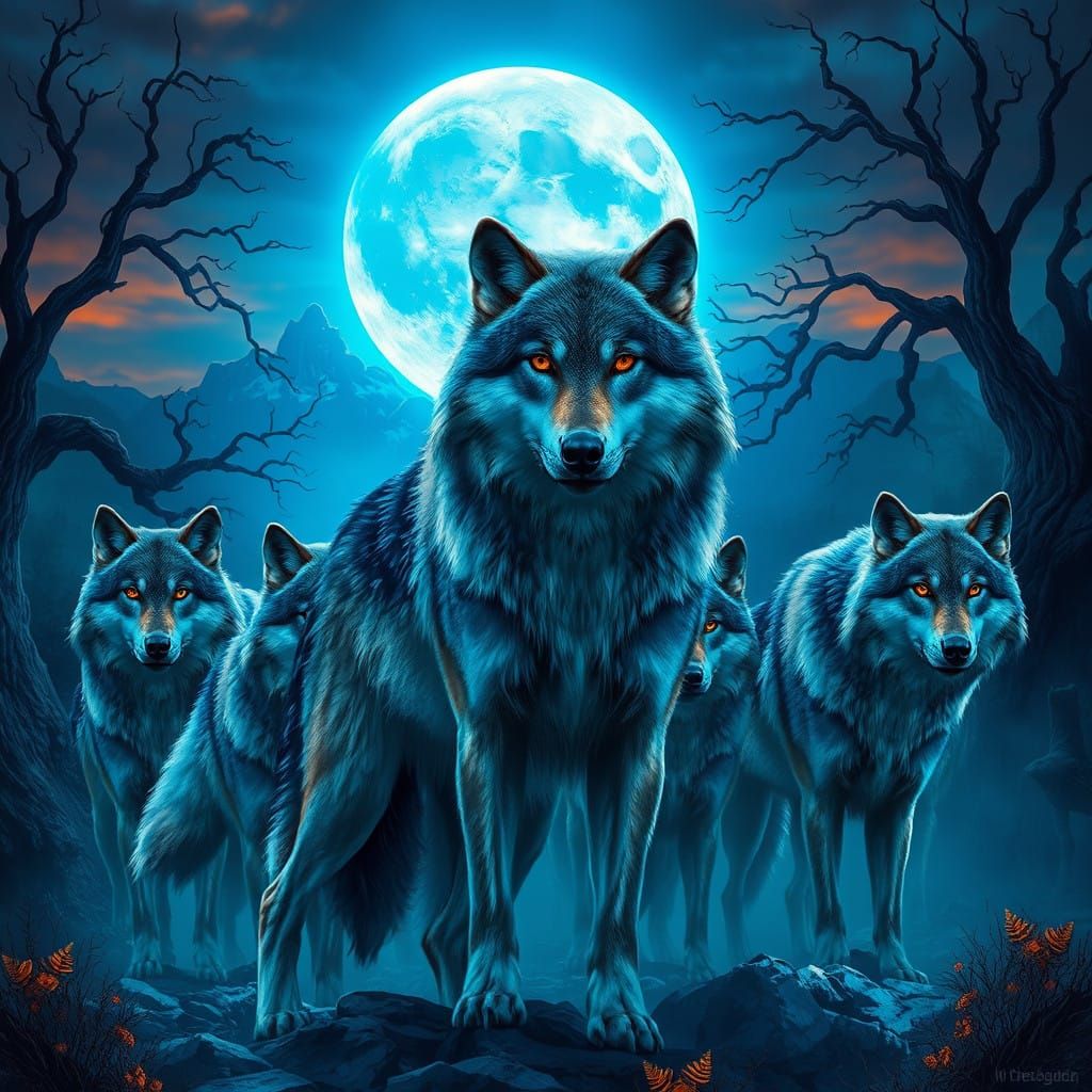 Majestic Alpha Wolf Tribe Basks in Full Moon's Electric Glow