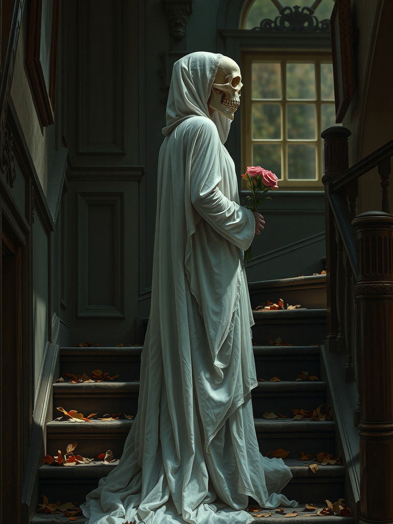 Eerie Spectral Woman Ascending Manor Stairs