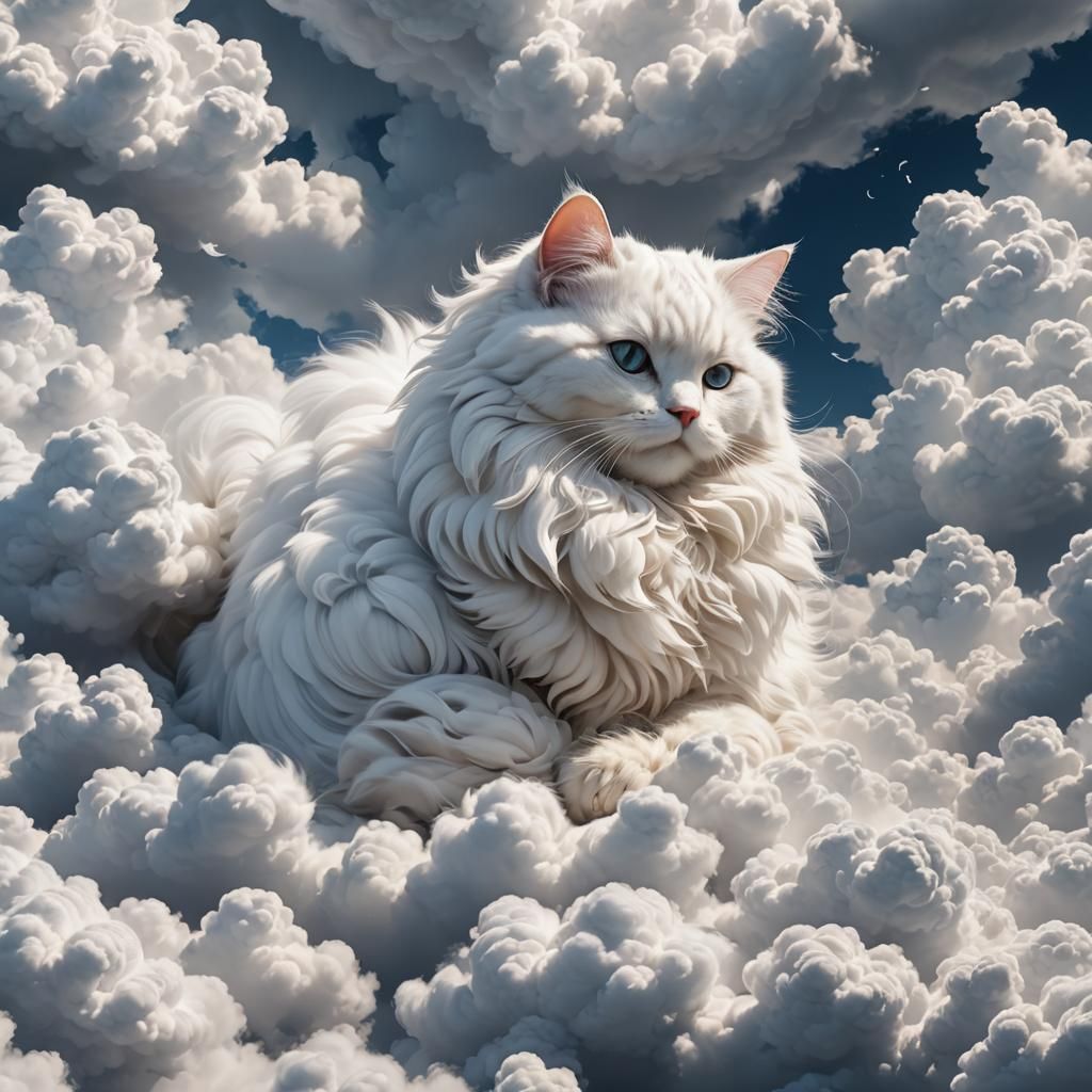 Fluffy Cloud Cat Sleeping: Detailed Fantasy Concept Art