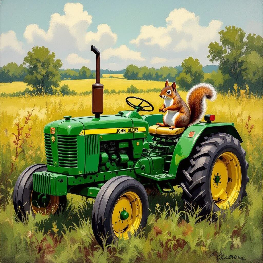 Vintage Tractor with Squirrel, Rustic Style