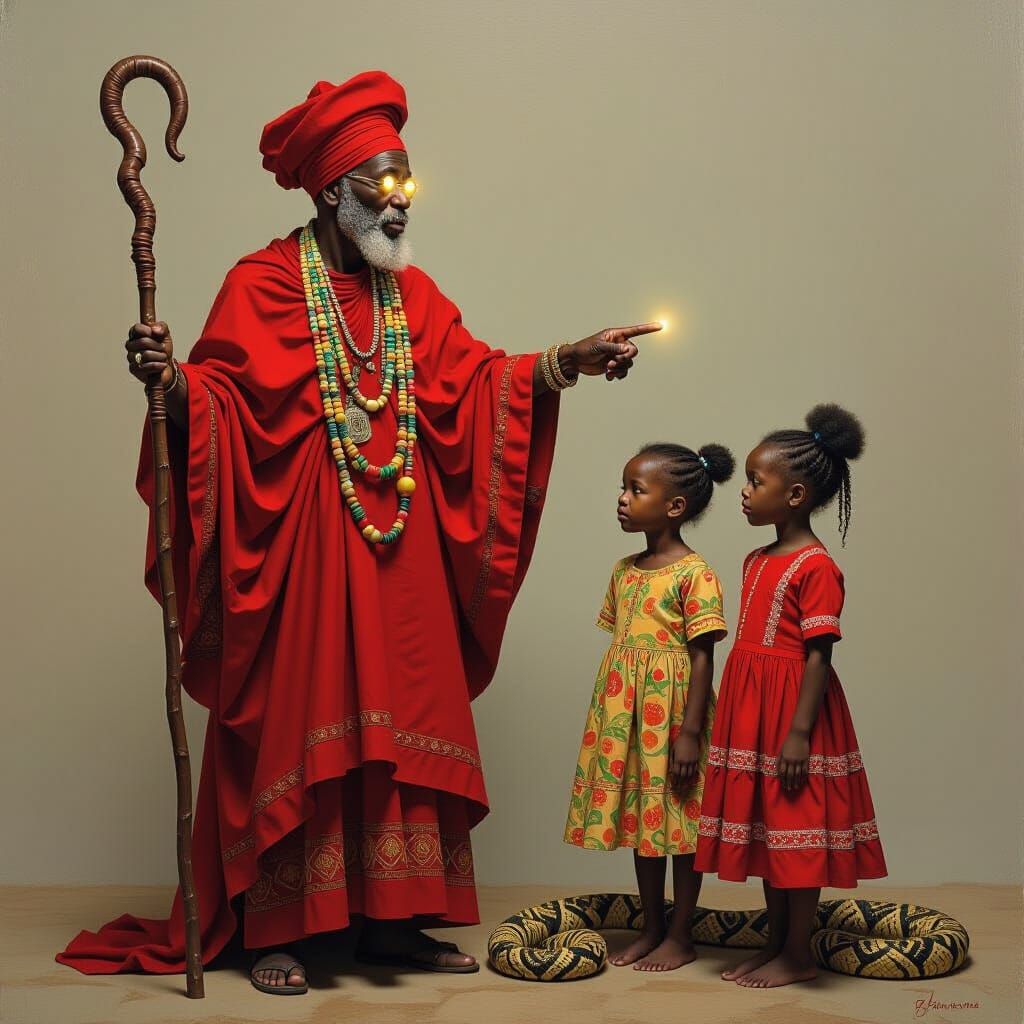 African Oracle and Twins in Vibrant Mystical Realism