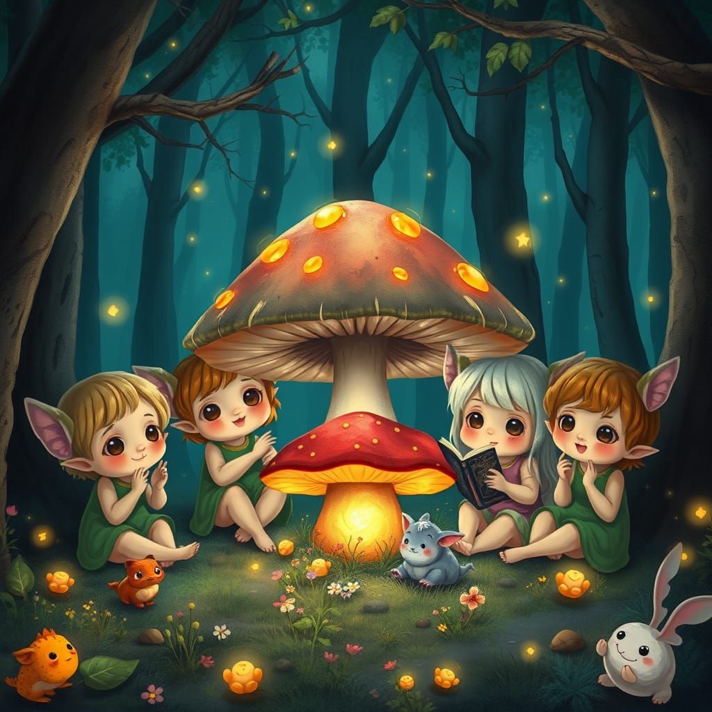 A group of adorable, chibi-style forest spirits with big, in...