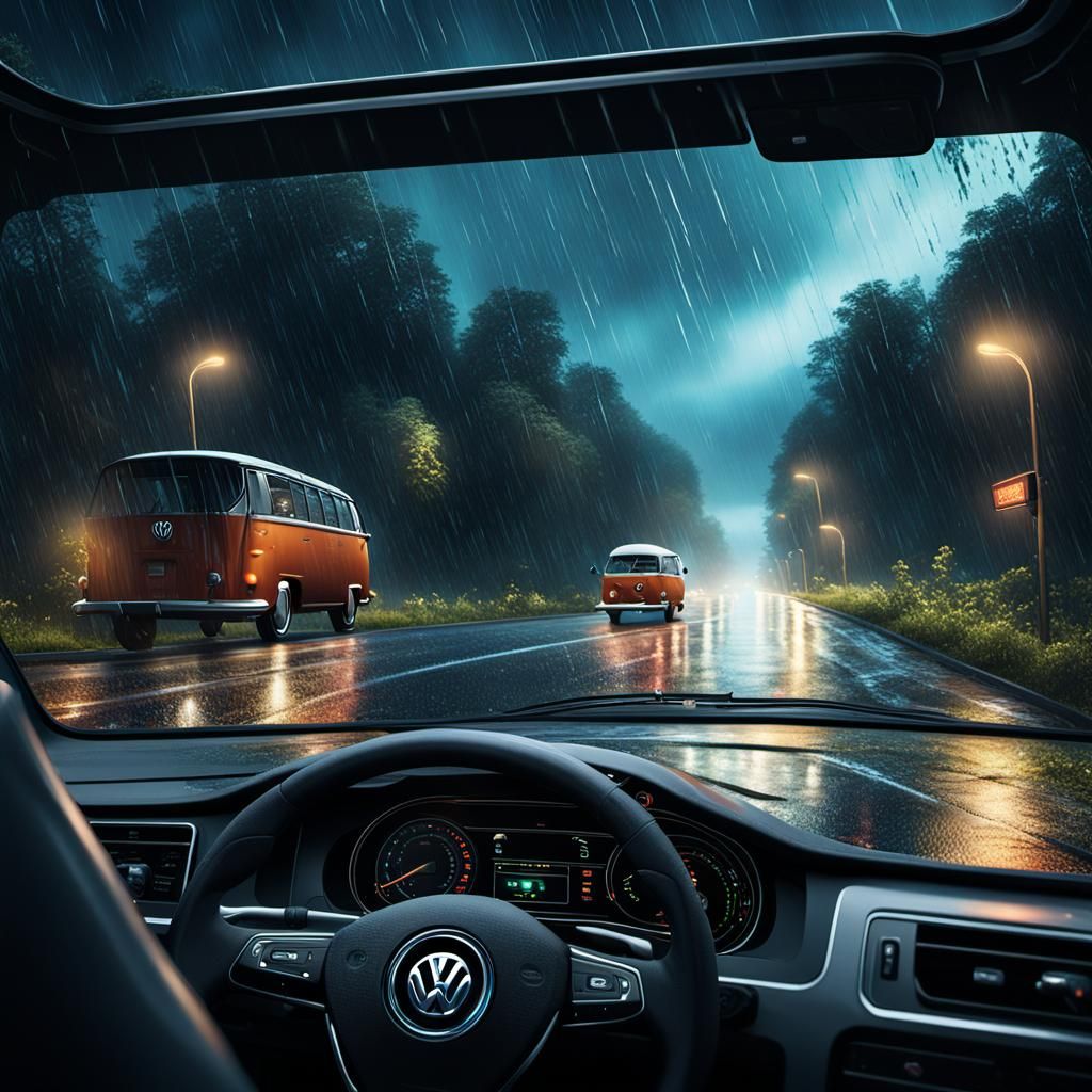 Rainy Night Road Trip in a VW Bus