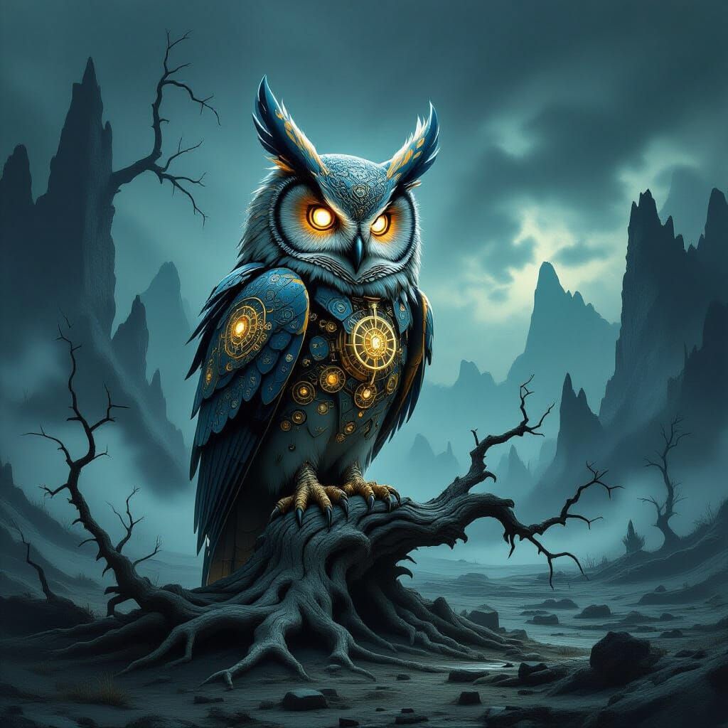 Mechanical Owl with Arcane Symbols in Dark Fantasy Landscape