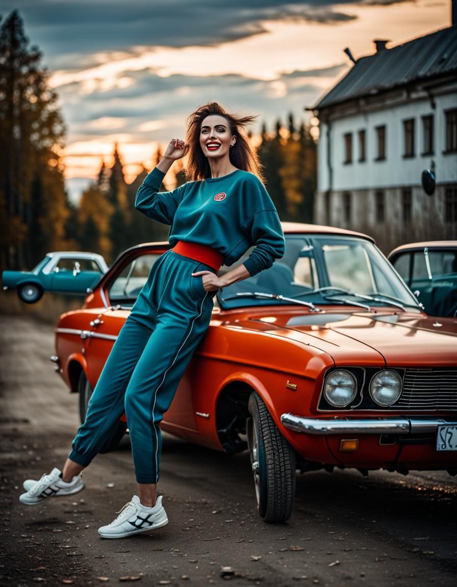 Young Woman by Soviet Car, Russia 90s