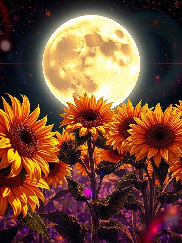 Giant Gilded Sunflowers Under a White-Hot Moon