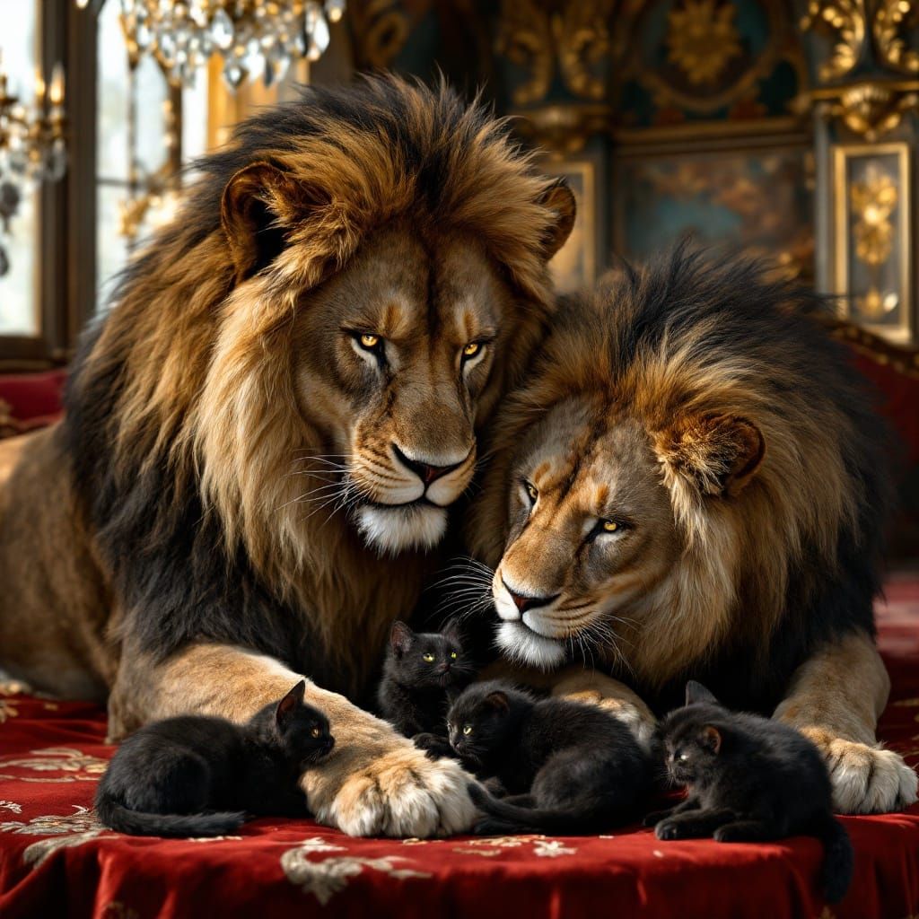 Lions Grooming Cats in Palace, Dutch Masters Style