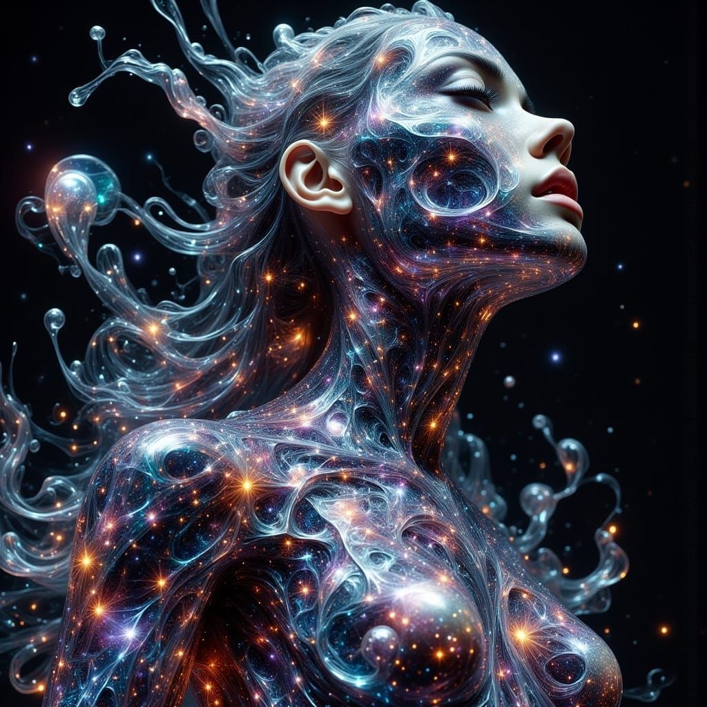Cosmic Surrealism: Figure with Galaxy Cracked Skin