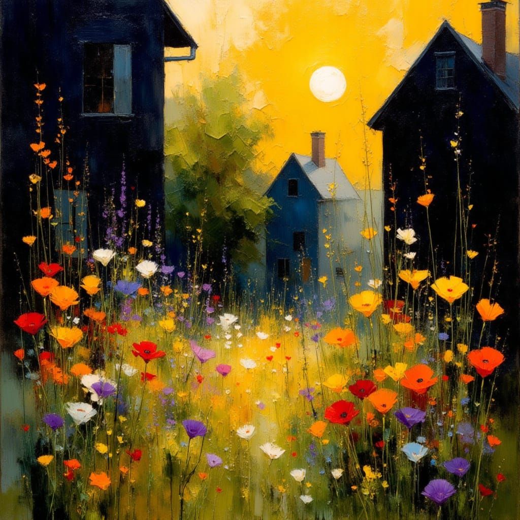 Vibrant Garden Blooms Amidst Dark Urban Landscape