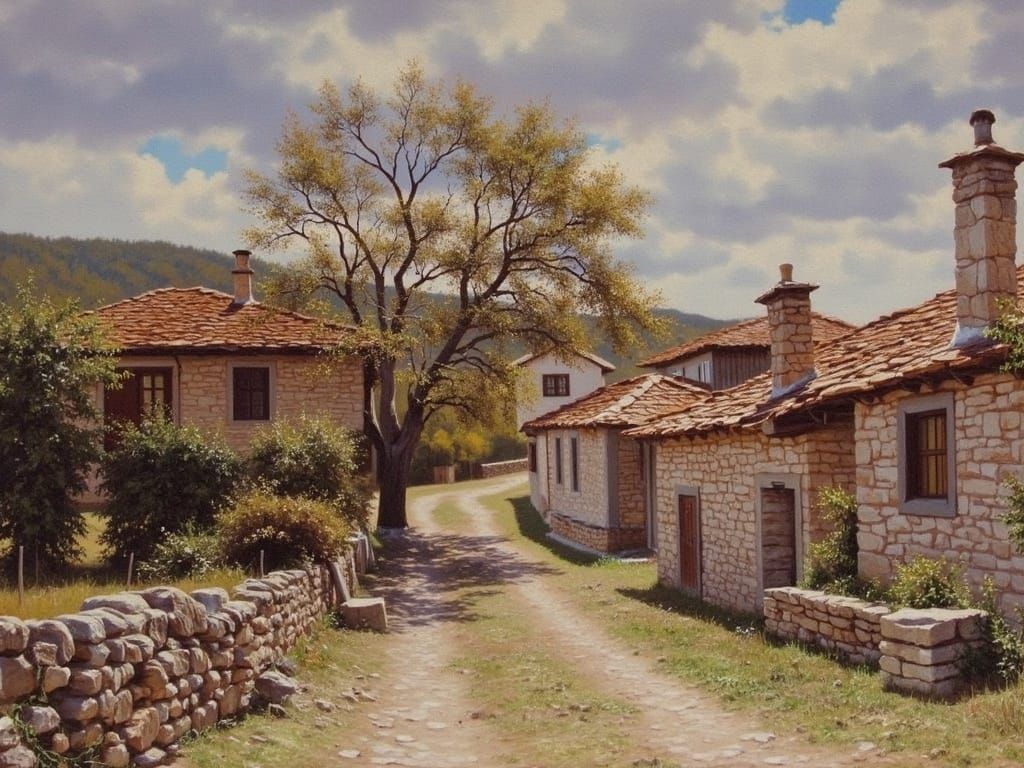 Impressionistic Village Landscape with Stone Cottages