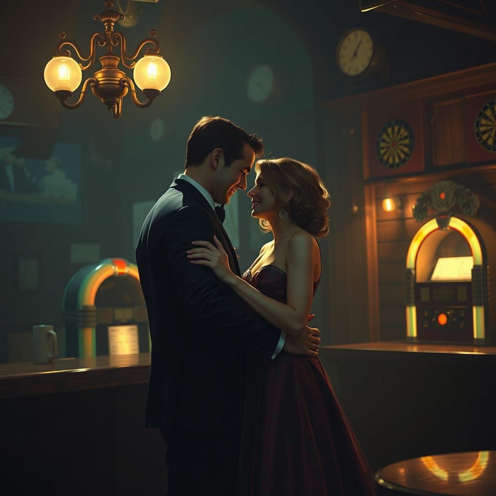Romantic Couple Dancing in Dimly Lit Bar, Hyperrealistic