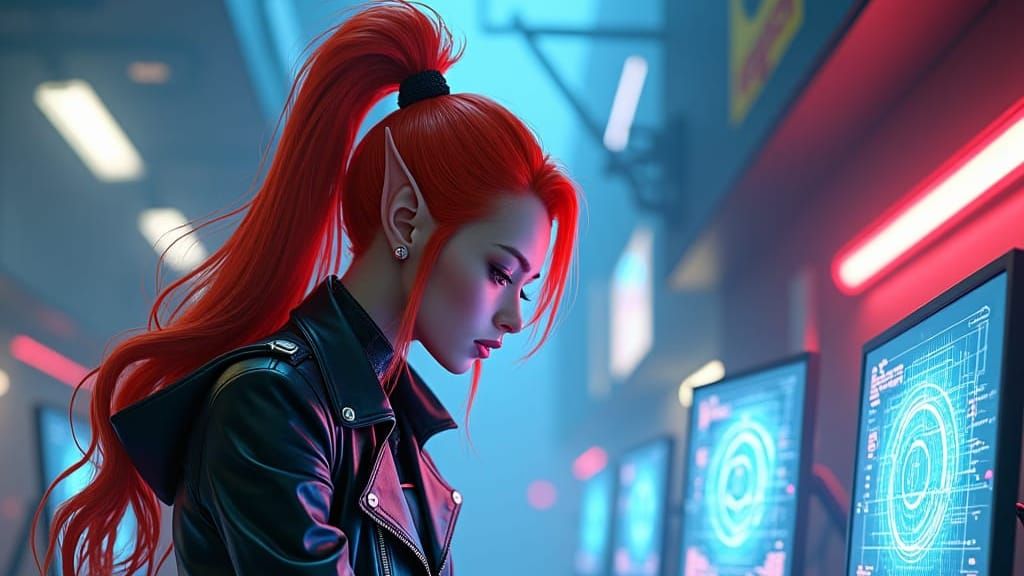 Elf in Cyberpunk Setting, Anime-Inspired 3D Art