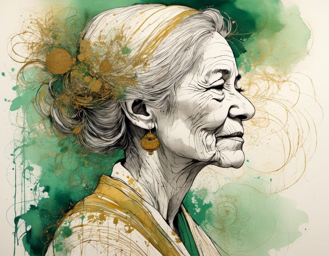 Minimalist Ink Drawing: Old Woman in Garden