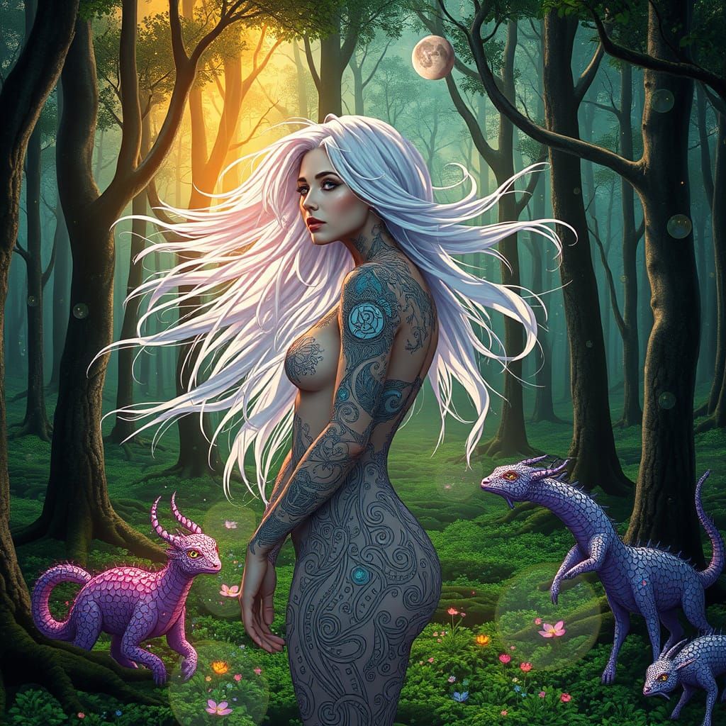 Transhumanist Woman in Stained Glass Forest