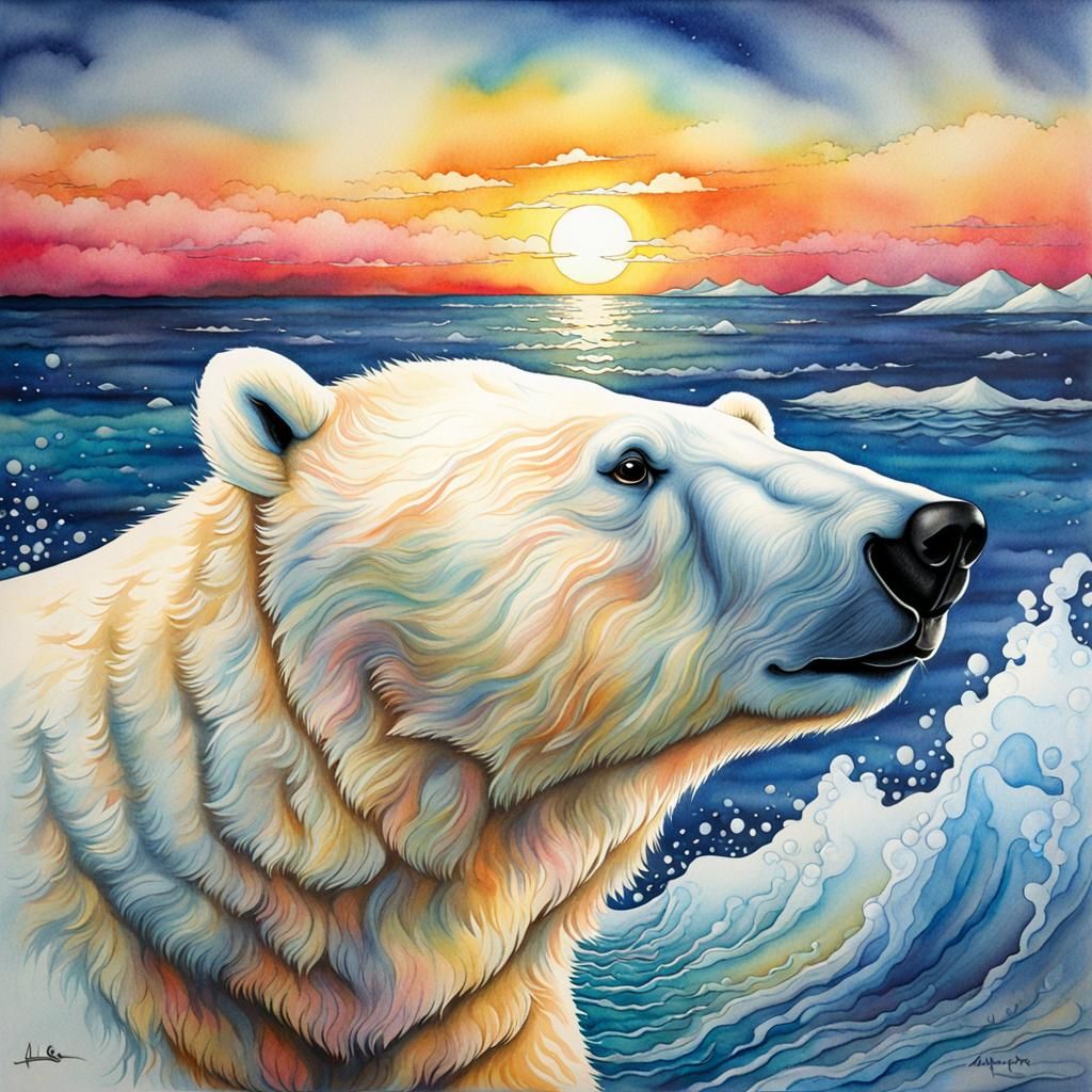 Polar Bear at Sunset: Watercolour Illustration