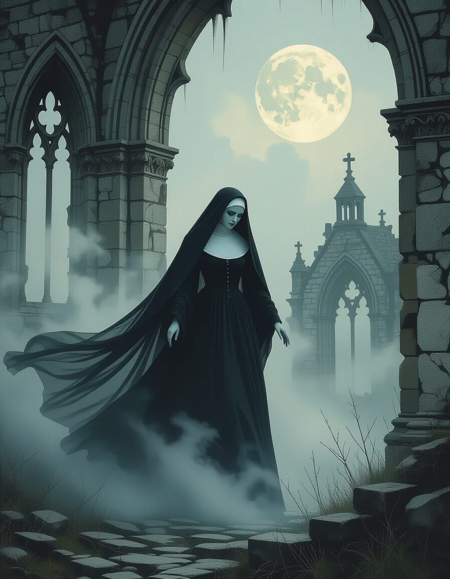 Victorian Nun Apparition in Moonlit Abbey Ruins