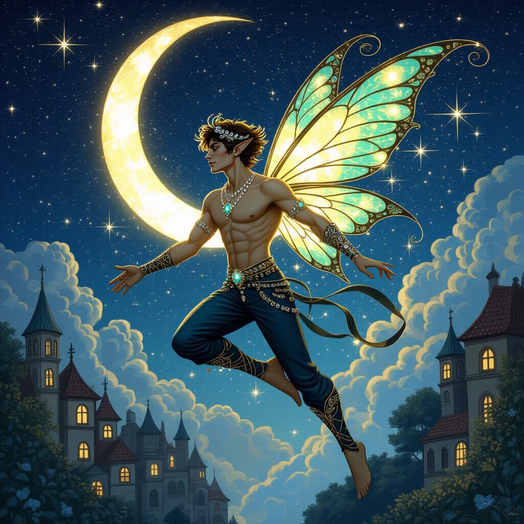 Fantastical Male Fairy in Fairyland at Night