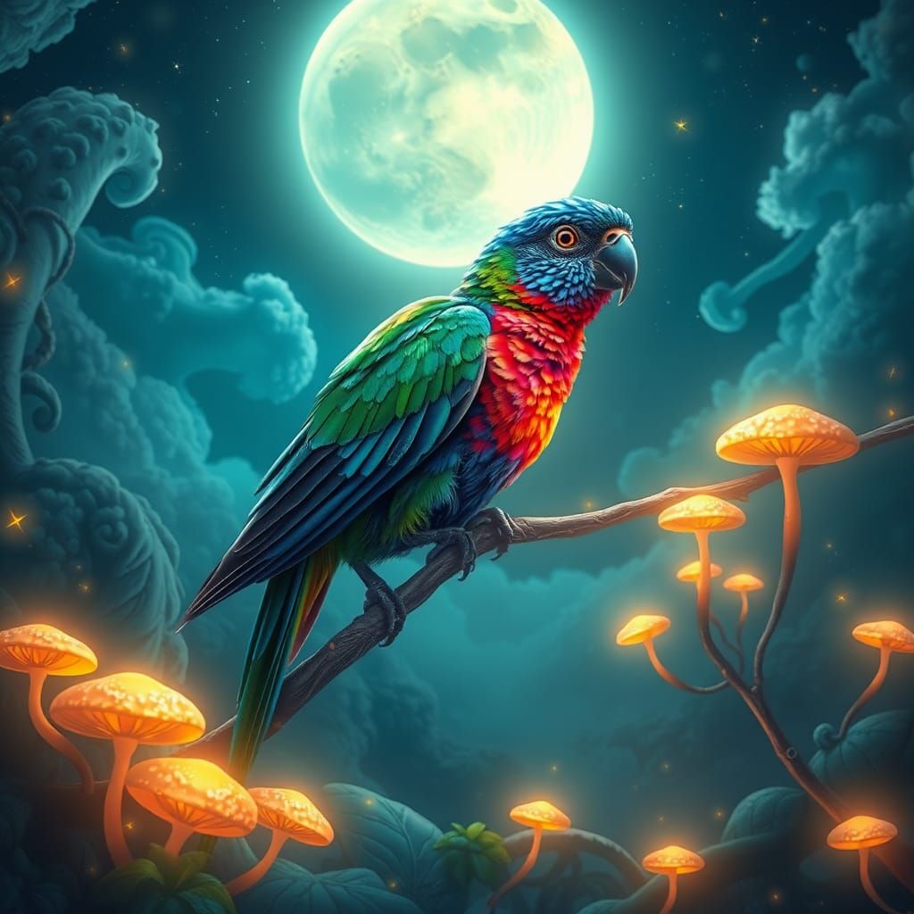 Iridescent Bird on Luminous Branch Under Starry Sky
