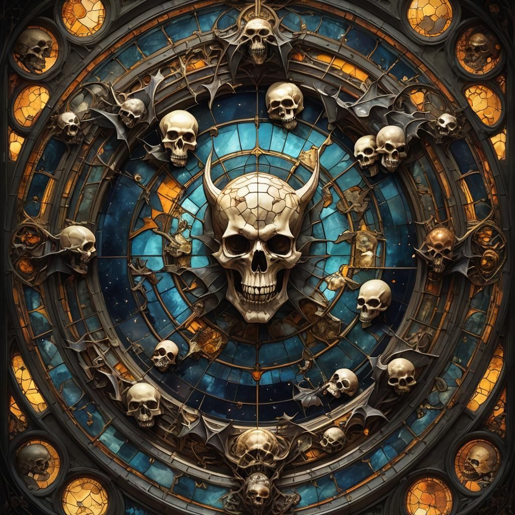 Stained Glass Bat and Skulls Window