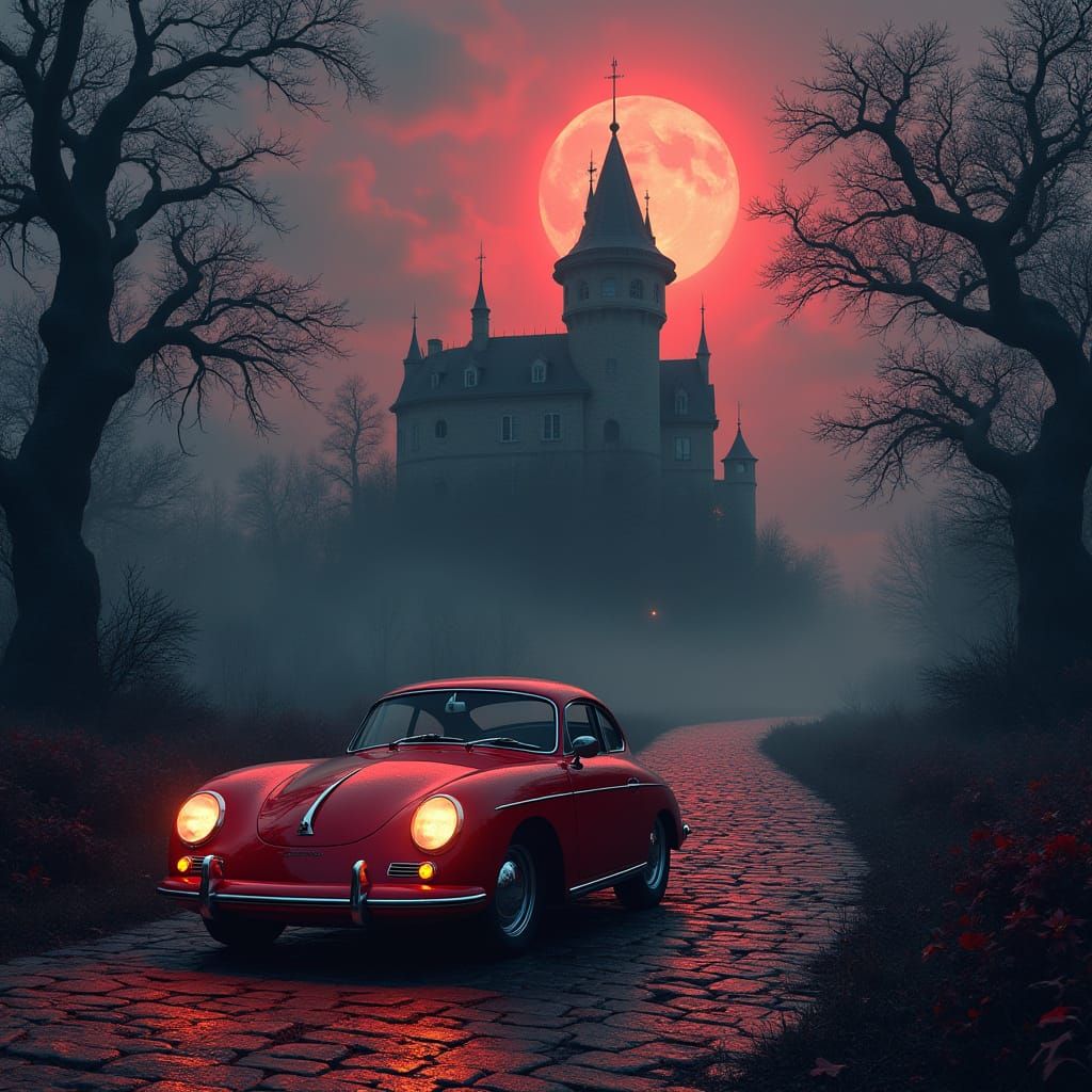 Cherry Red Porsche 356 Near Spooky French Castle