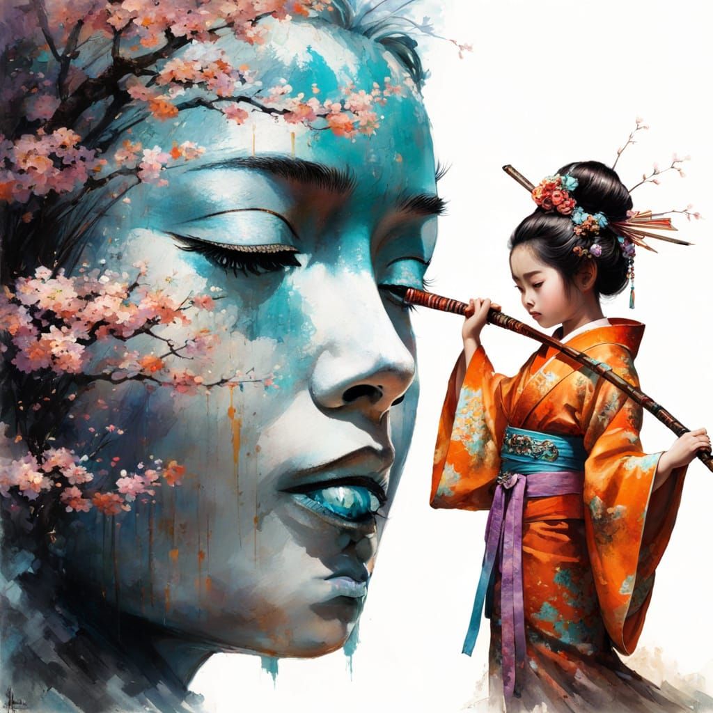 Emotional Geisha on Ancient Bridge, Detailed Digital Art