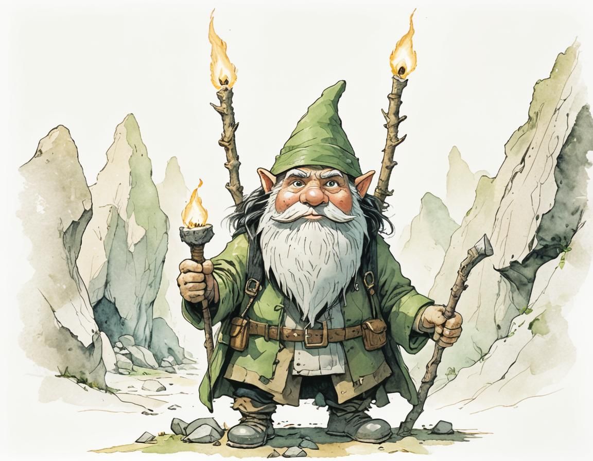 Gnome Artificer in Cave, Prehistoric Fantasy Art