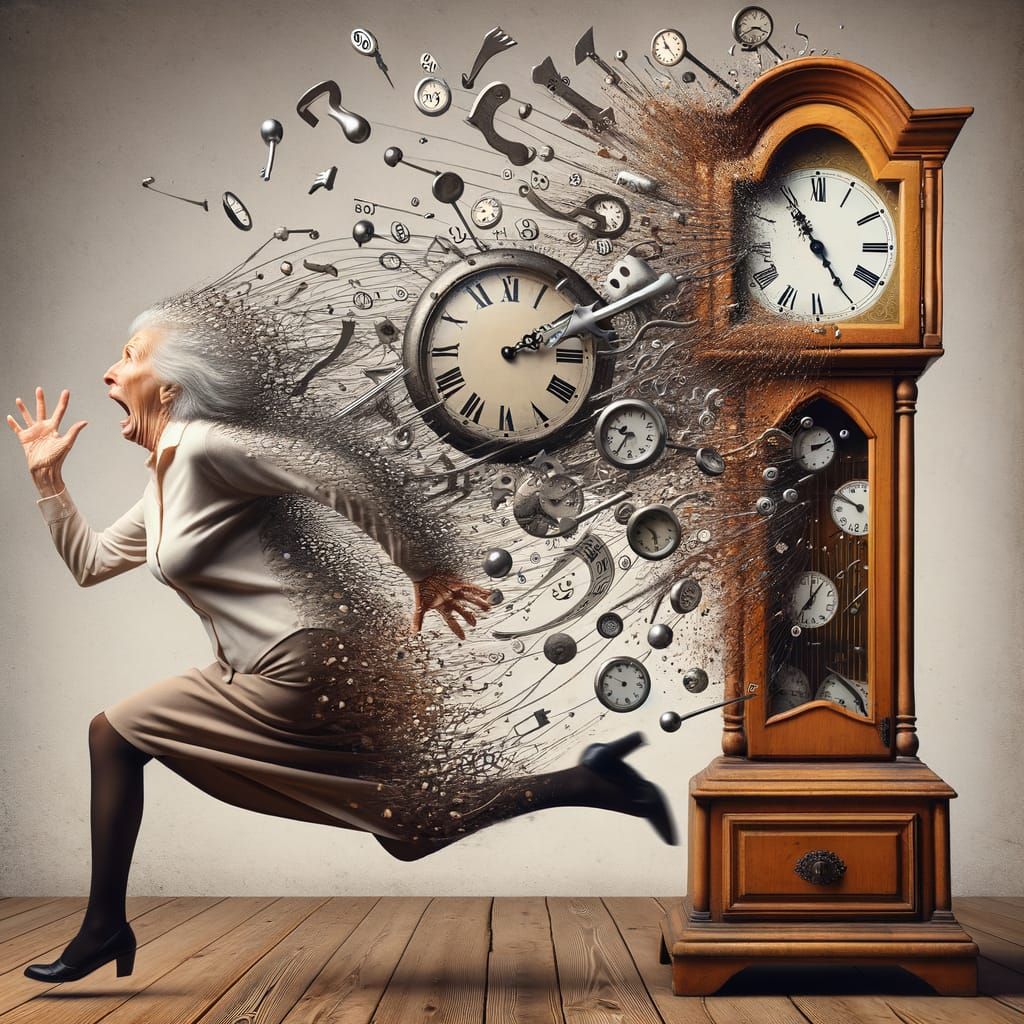 Woman Fleeing Time as it Escapes from Grandfather Clock in C...