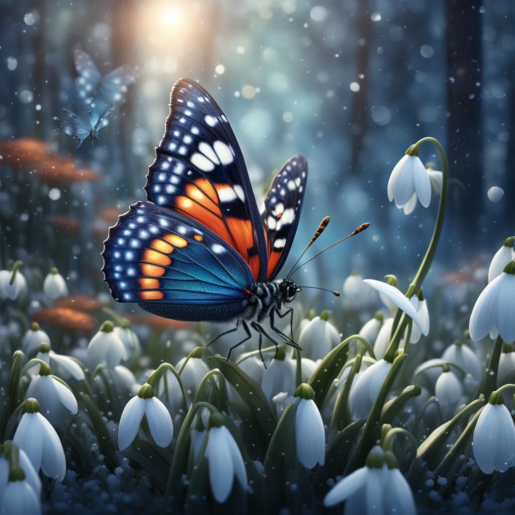 Colorful Butterfly on Snowdrops in Winter Portrait