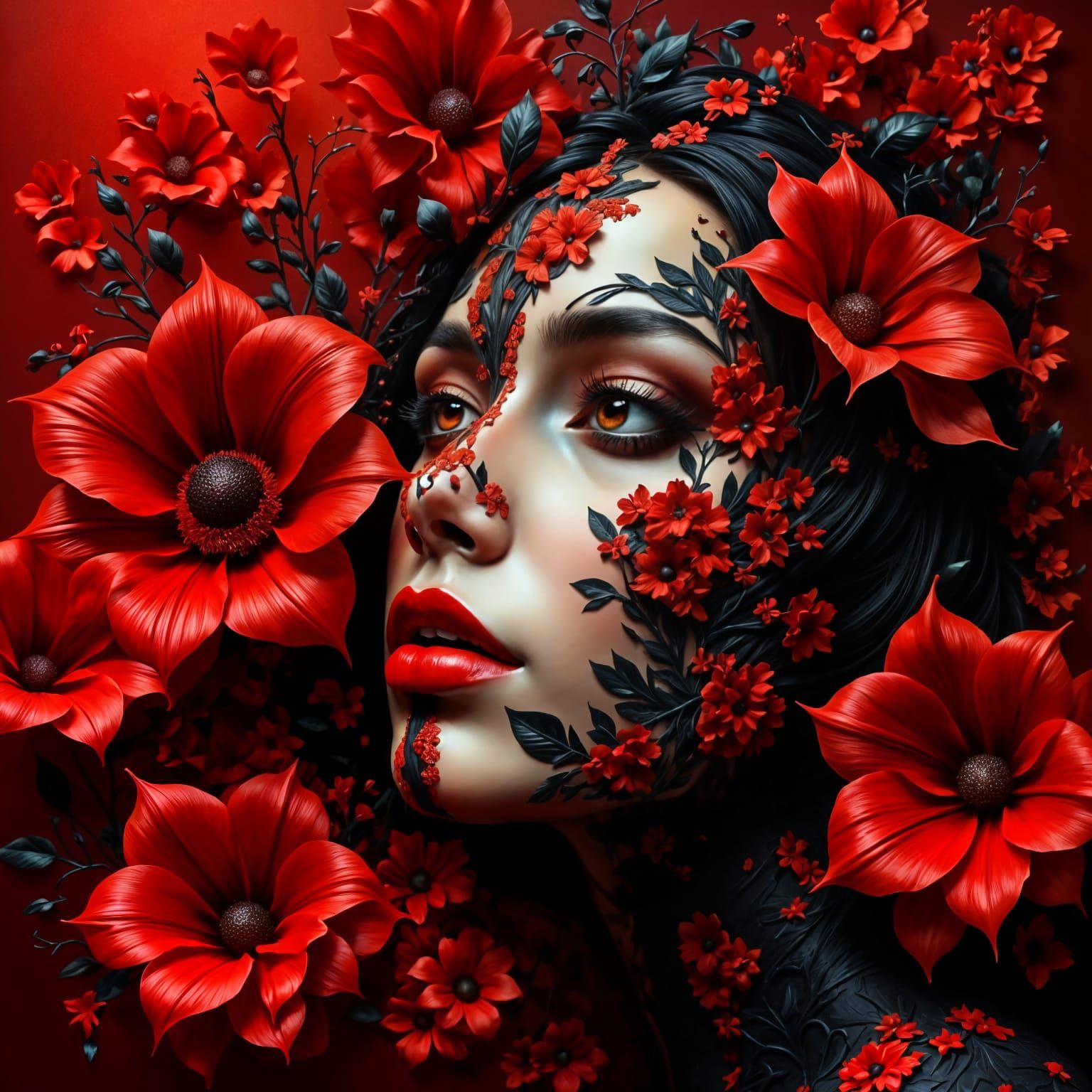Surreal Red and Black Landscape with Flower and Sparkles