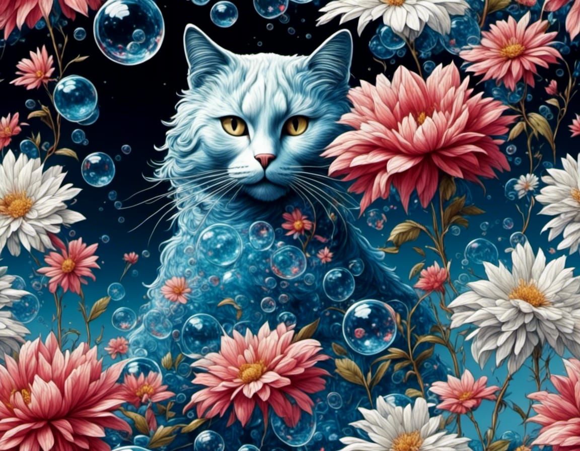 Blue and White Cat in Glass Bubble Garden