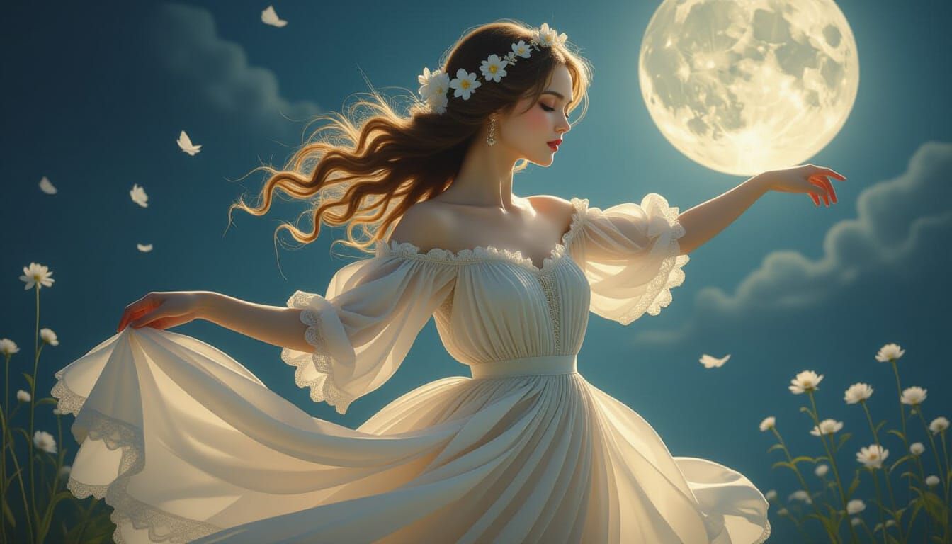 Moonlit Maiden Dancing, Hyperrealistic Style
