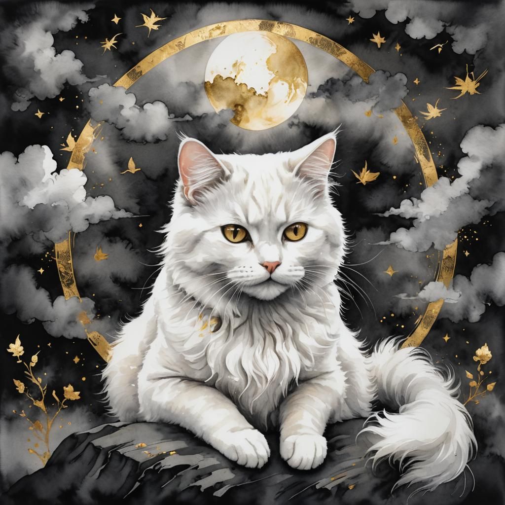 Fluffy Cat in Heaven: Watercolour Kintsugi Art