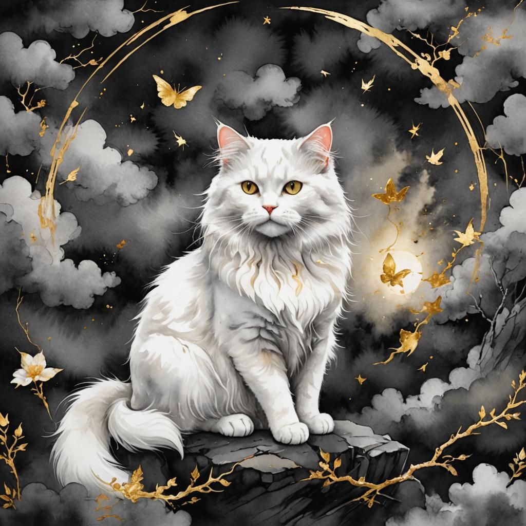 Fluffy Cat in Heaven: Charcoal Watercolor Painting