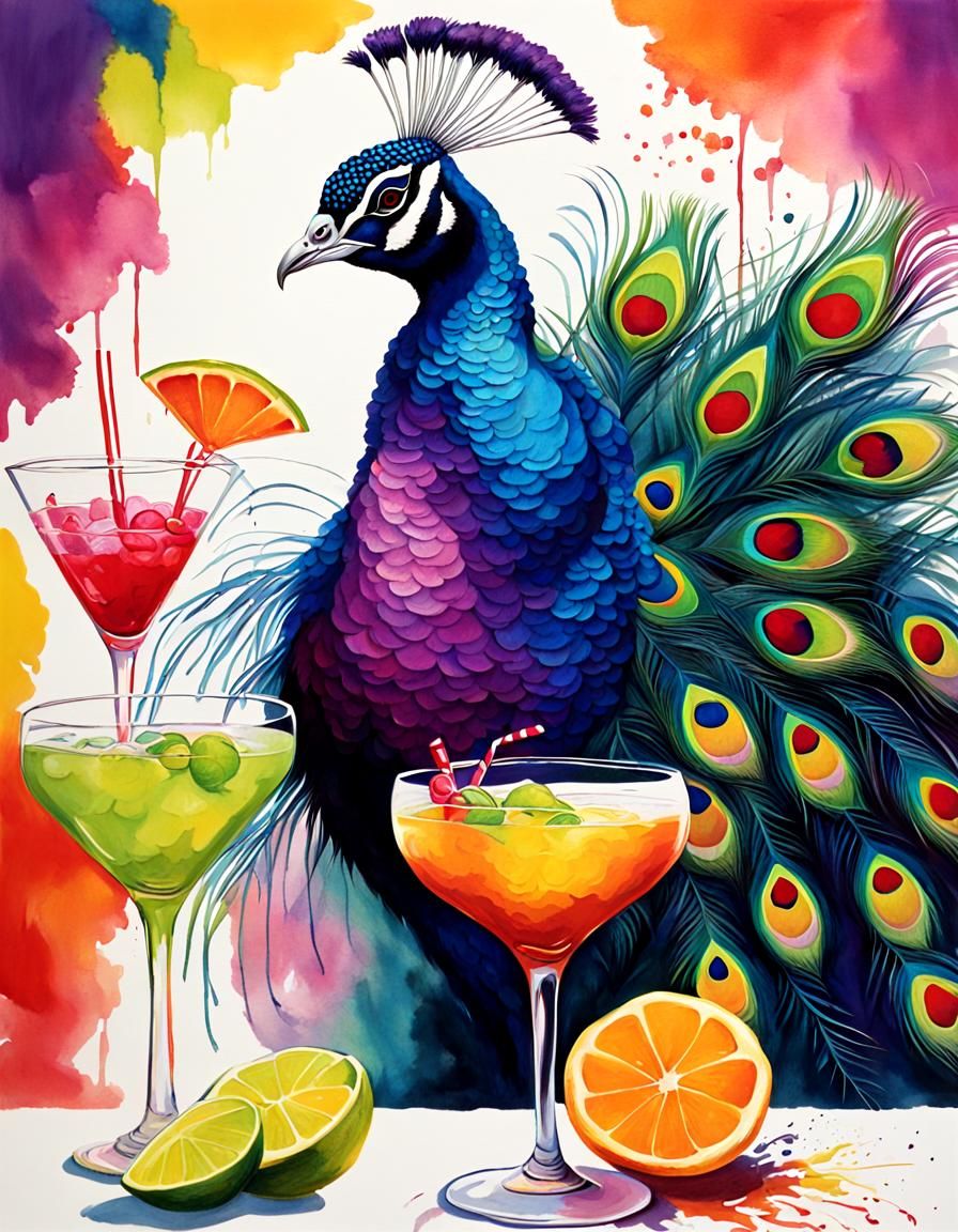 Peacock Bartender Mixing Cocktail in Vivid Colors