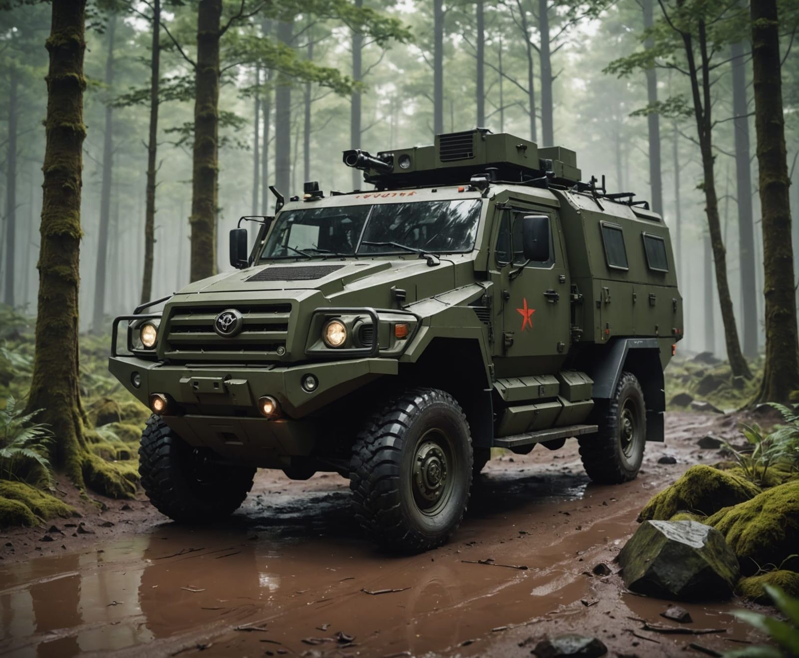 Toyota war armored troop transport, modern, sleek, muddy, in a dense forest, gloomy, rainy day.