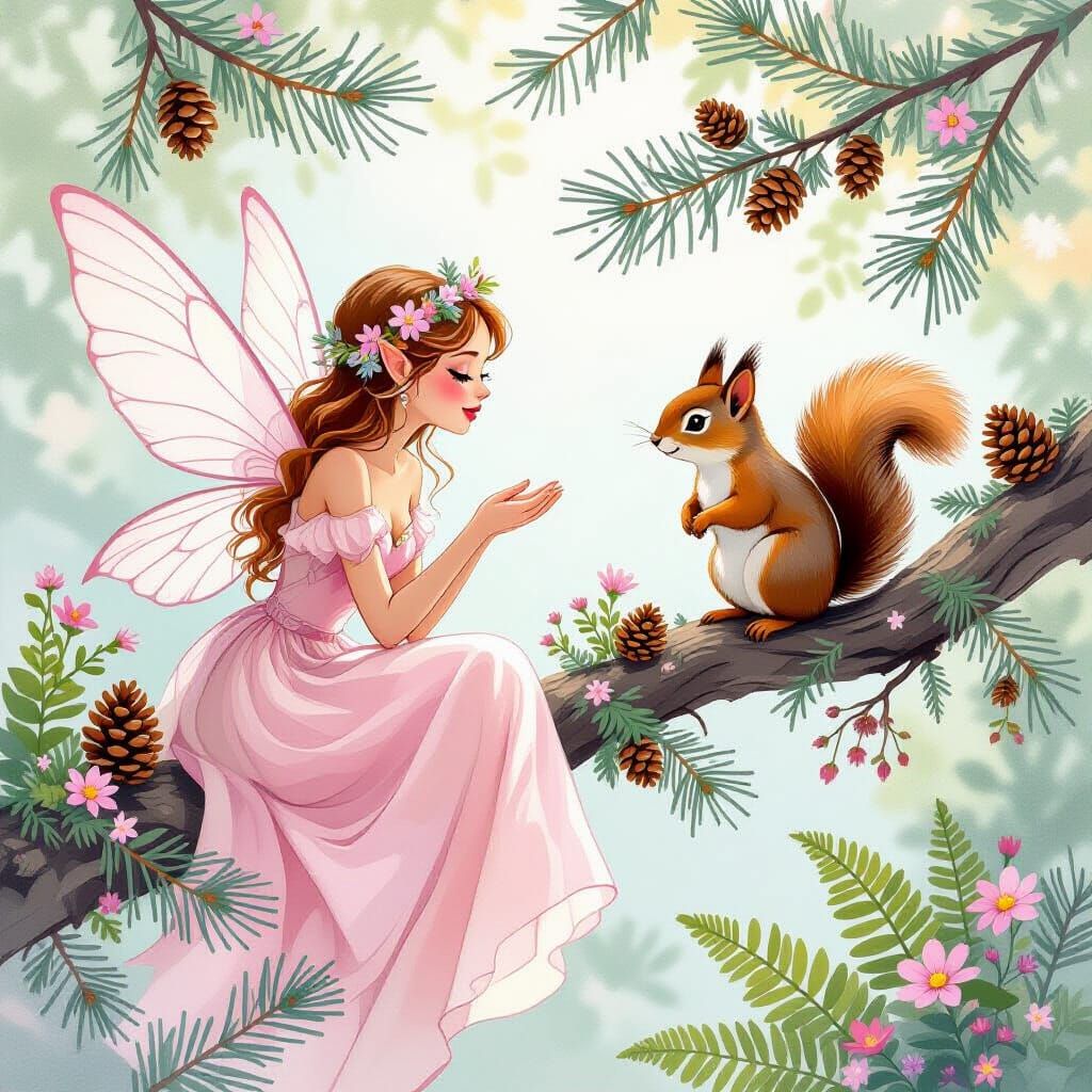 Fairy and Squirrel in Dreamy Oil and Alcohol Ink Style