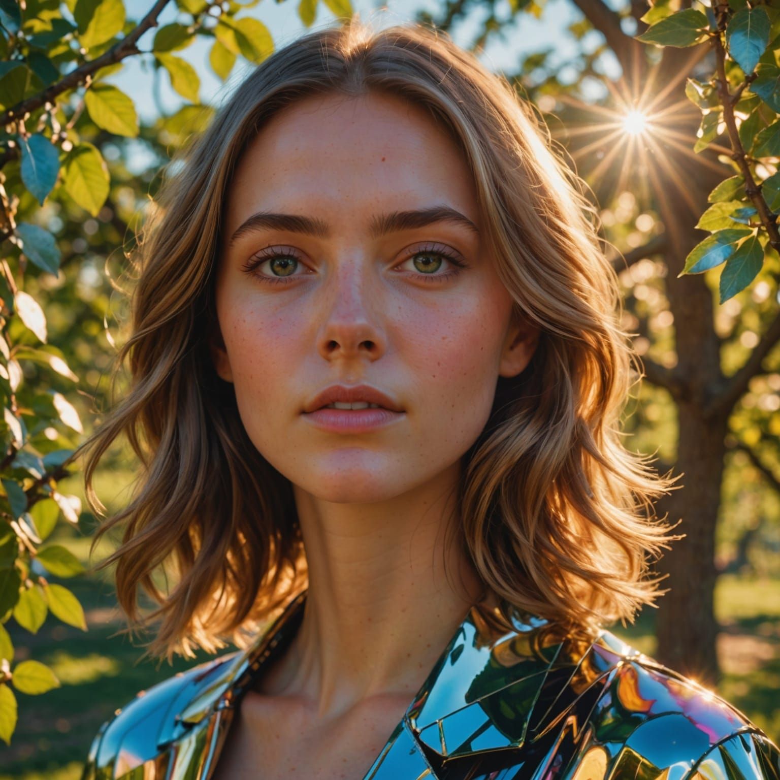 Hyperrealistic Portrait in Sunny Orchard with Abstract Art
