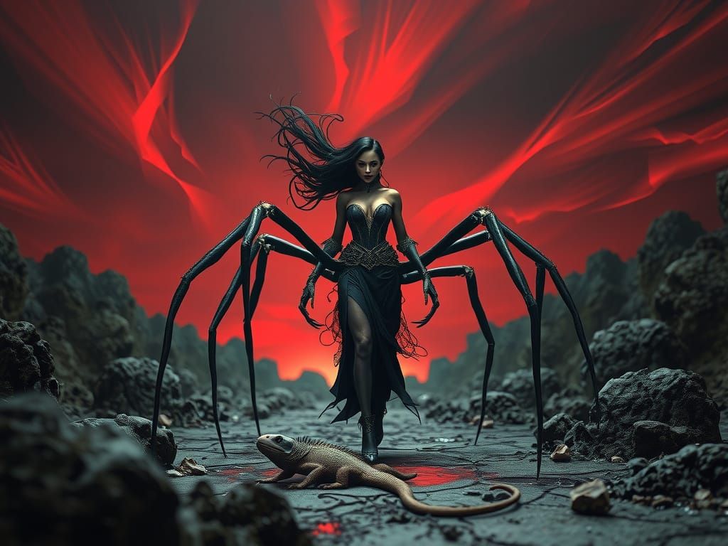 Gothic Spider Woman Strides Through Dante's Inferno