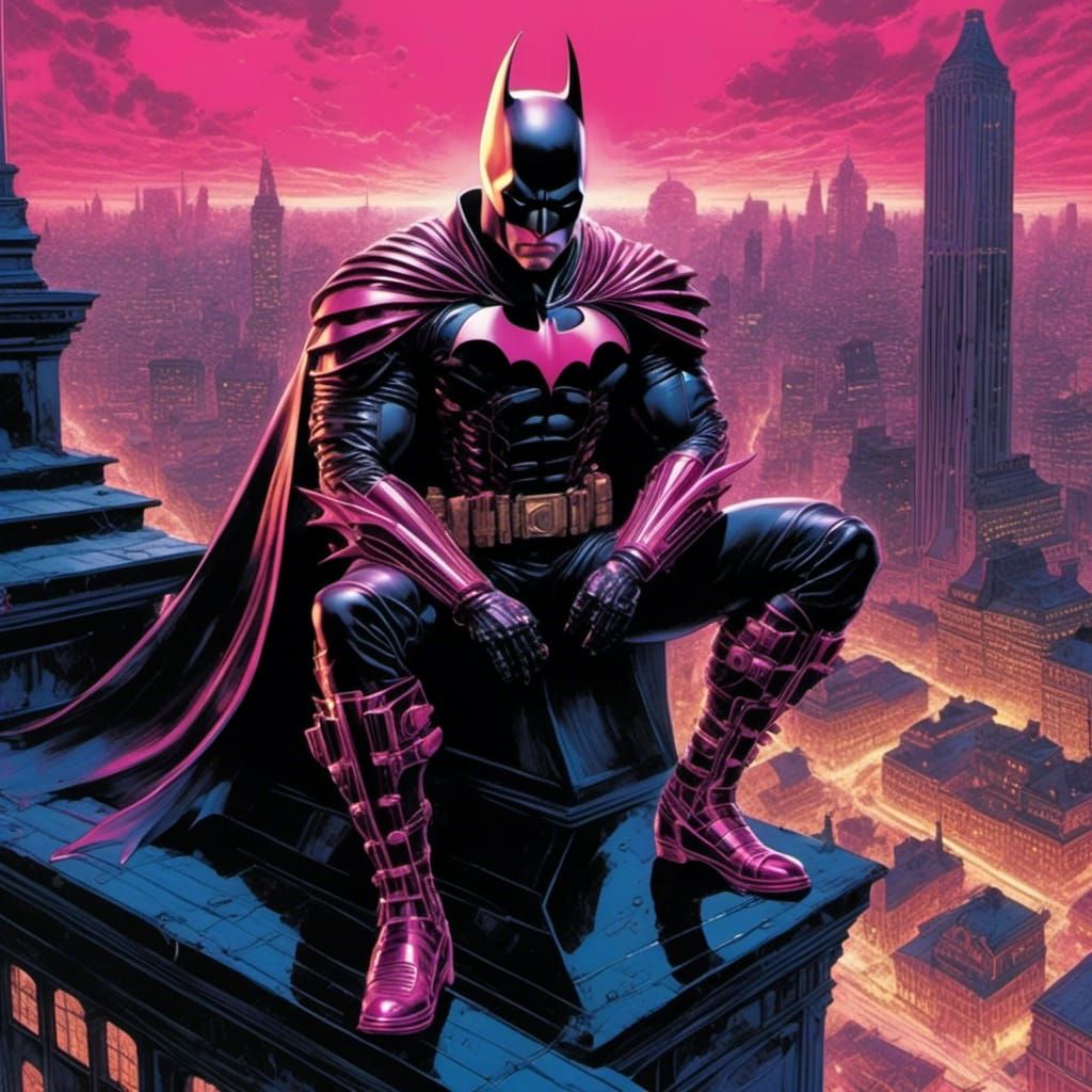 Pink Batman on Gotham Rooftop, Hyperrealistic Painting