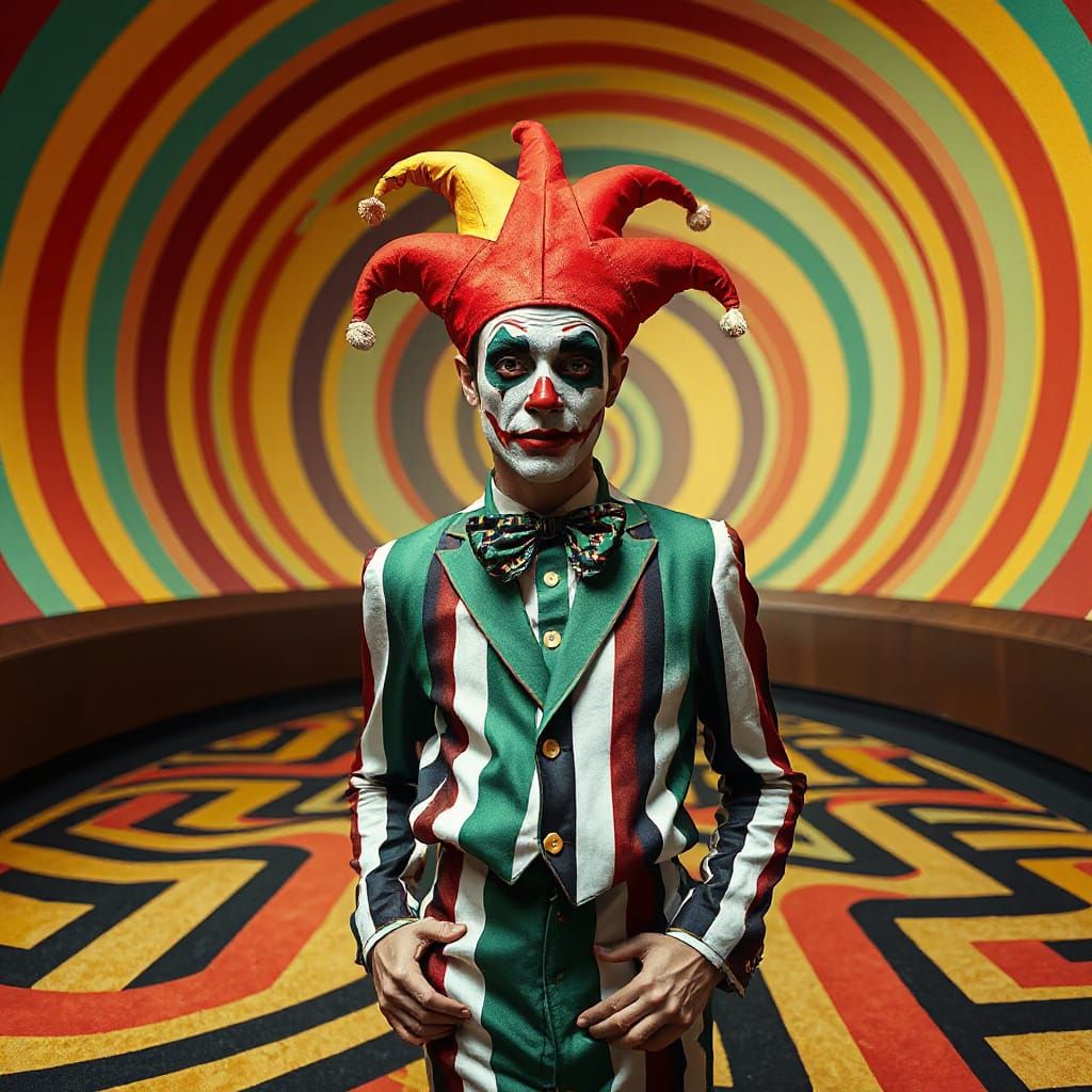Energetic Harlequin in Op-Art Labyrinth