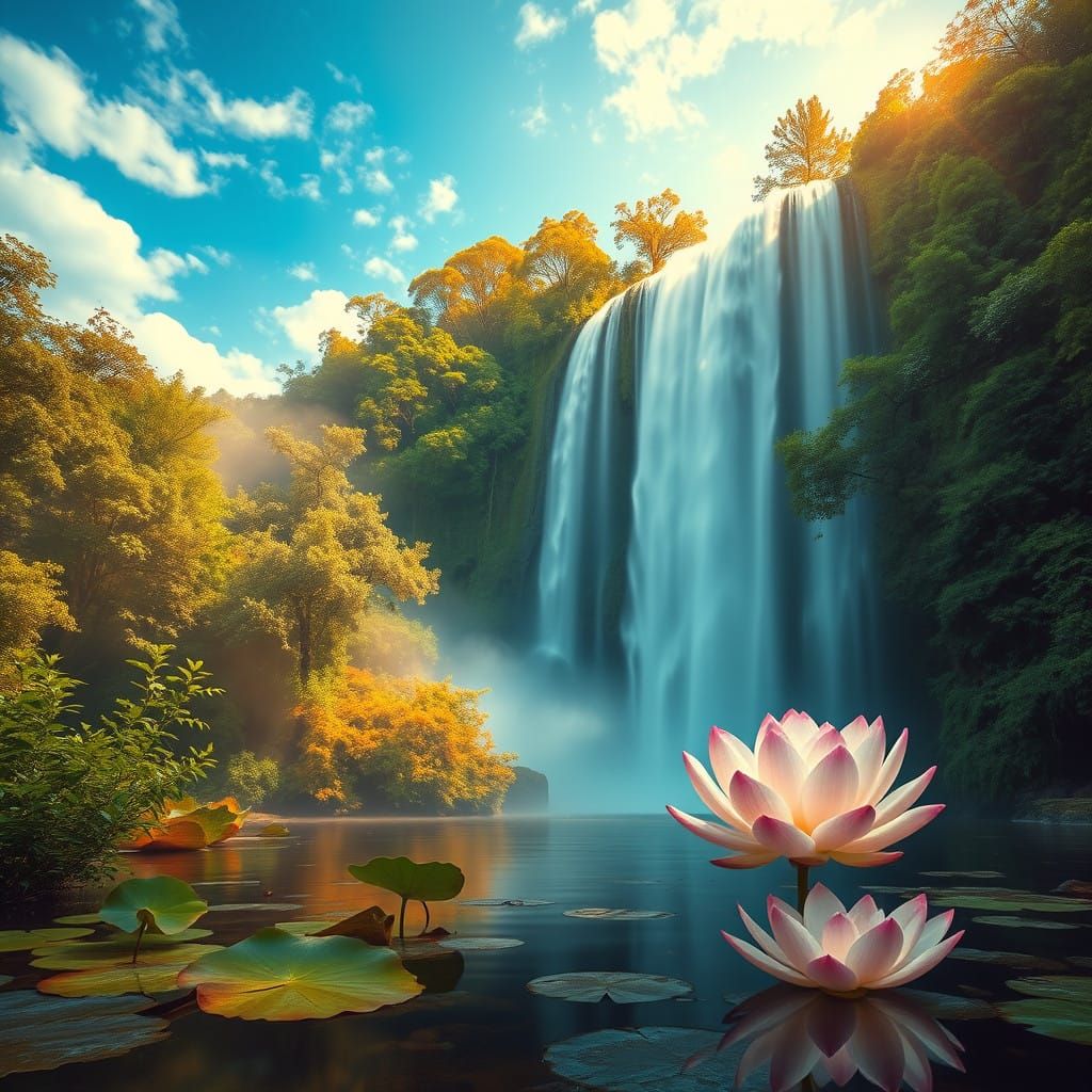 Breathtaking Waterfall in Lush Forest, Veiled in Mist, at Go...