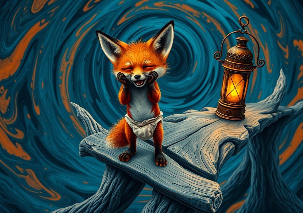 Distressed Baby Fox on Bridge, in Maximalist Style