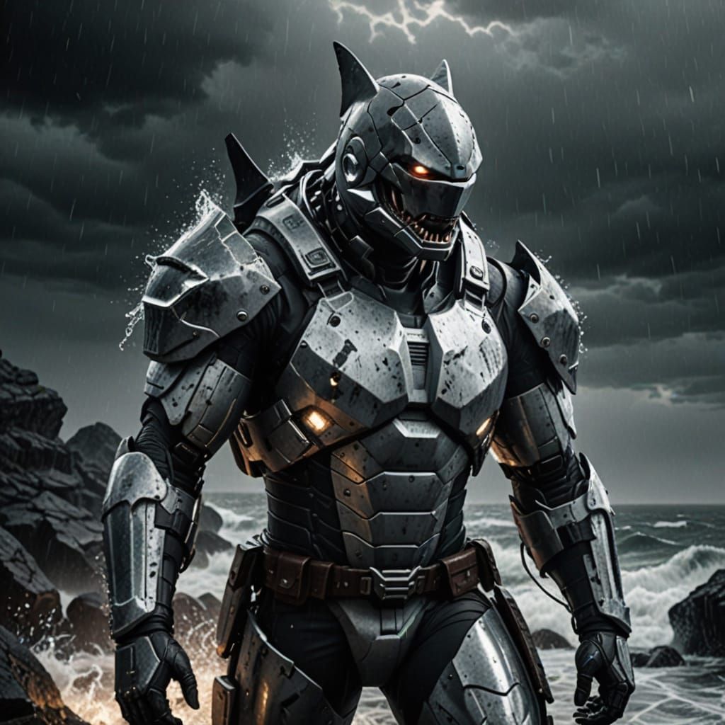 Cybernetic Shark Warrior Stands Firm Against Stormy Seas